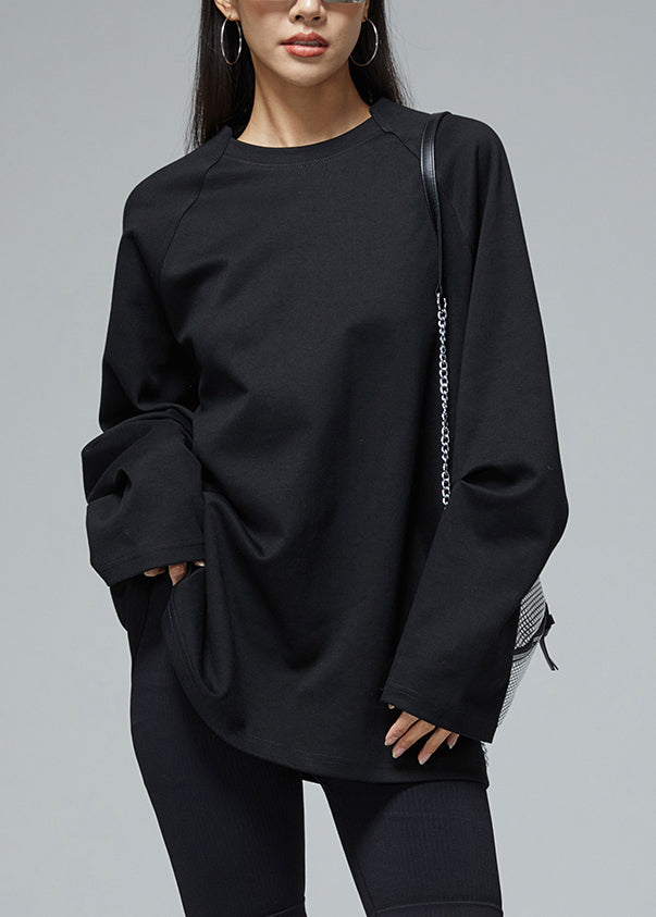 Black Solid Loose Cotton Fall Sweatshirts O Neck