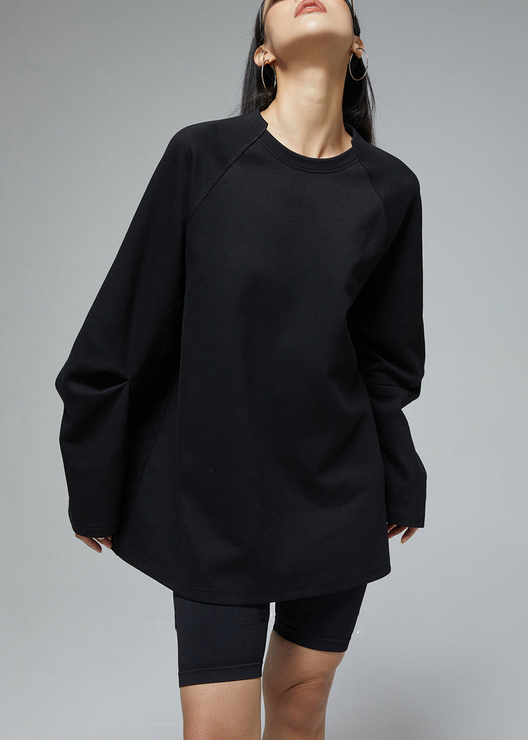 Black Solid Loose Cotton Fall Sweatshirts O Neck