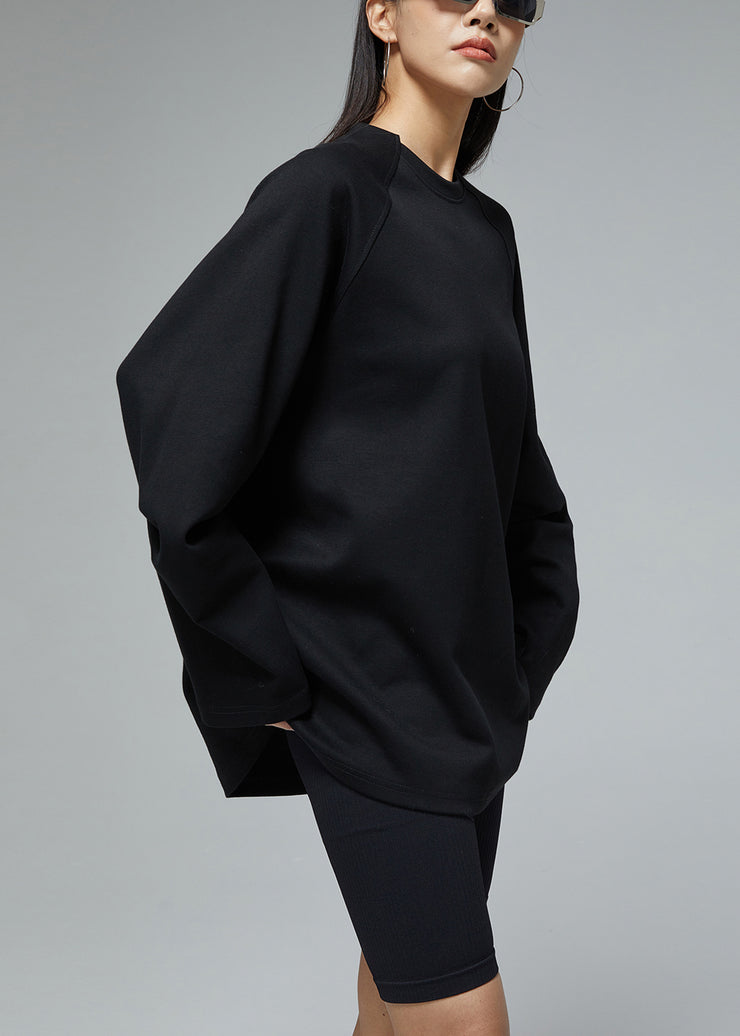 Black Solid Loose Cotton Fall Sweatshirts O Neck