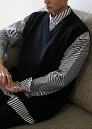 Black Solid Loose Knit Mens Waistcoat V Neck Spring
