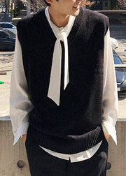 Black Solid Loose Knit Mens Waistcoat V Neck Spring