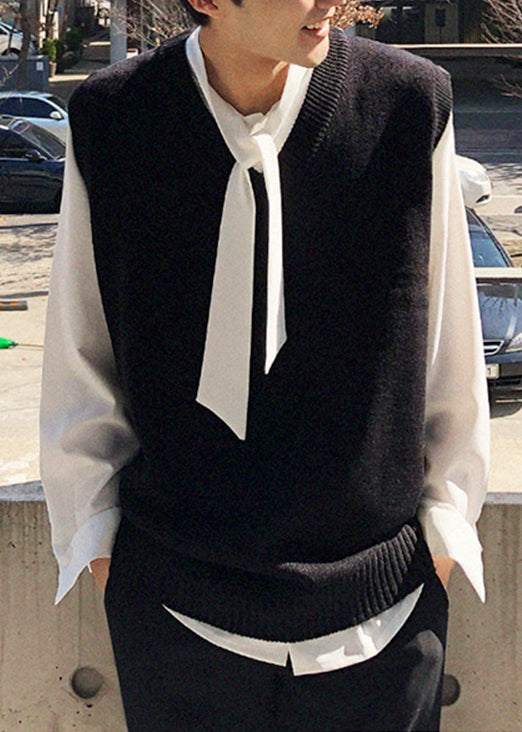 Black Solid Loose Knit Mens Waistcoat V Neck Spring