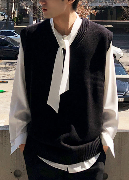 Black Solid Loose Knit Mens Waistcoat V Neck Spring