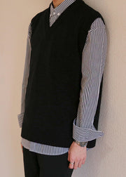Black Solid Loose Knit Mens Waistcoat V Neck Spring