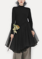 Black Solid Tulle Patchwork Winter Mini Dresses Turtleneck