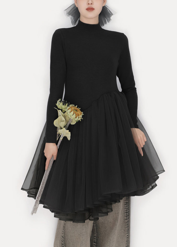 Black Solid Tulle Patchwork Winter Mini Dresses Turtleneck
