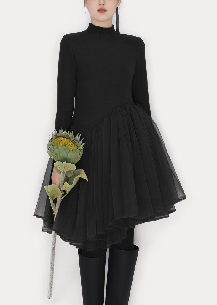 Black Solid Tulle Patchwork Winter Mini Dresses Turtleneck