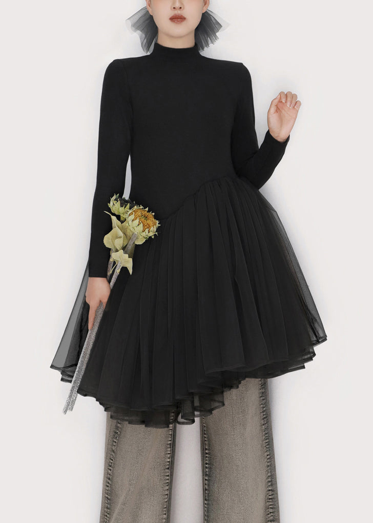 Black Solid Tulle Patchwork Winter Mini Dresses Turtleneck