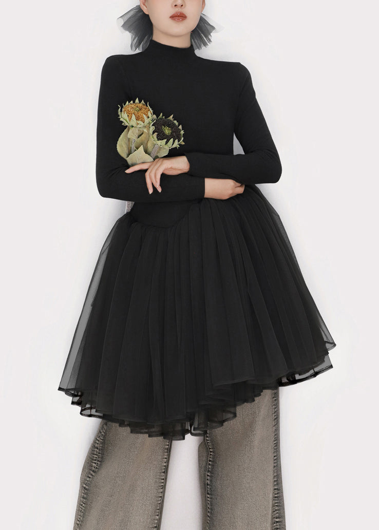 Black Solid Tulle Patchwork Winter Mini Dresses Turtleneck