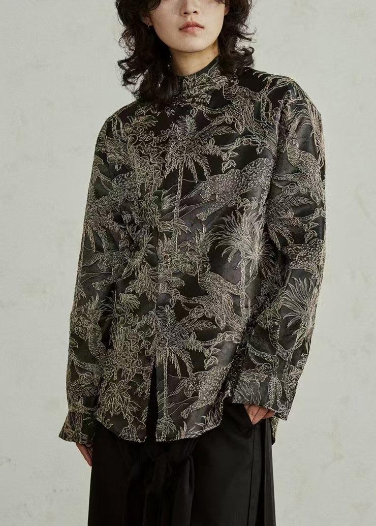 Black Stand Collar Jacquard Top Fall