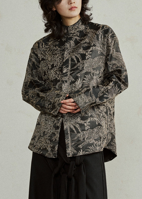 Black Stand Collar Jacquard Top Fall