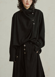 Black Stand Collar Patchwork Solid Tops Fall