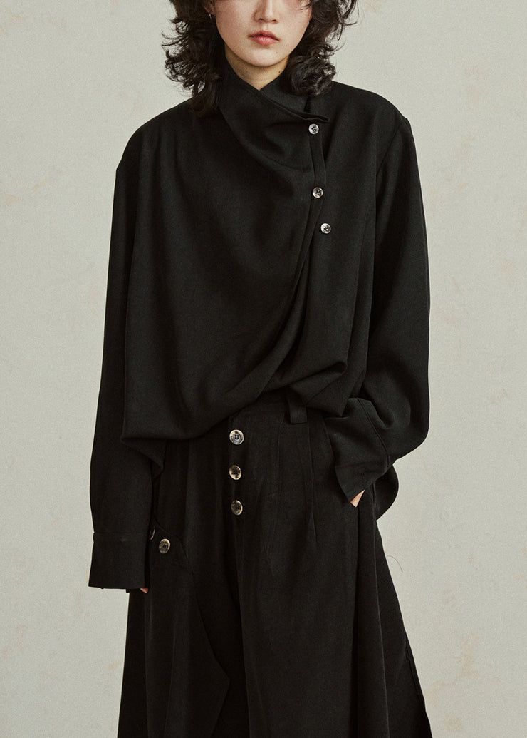 Black Stand Collar Patchwork Solid Tops Fall