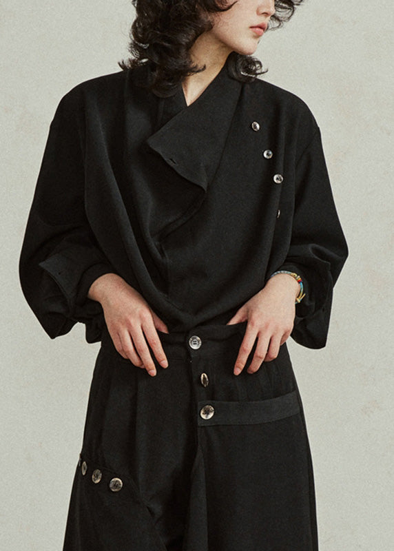 Black Stand Collar Patchwork Solid Tops Fall
