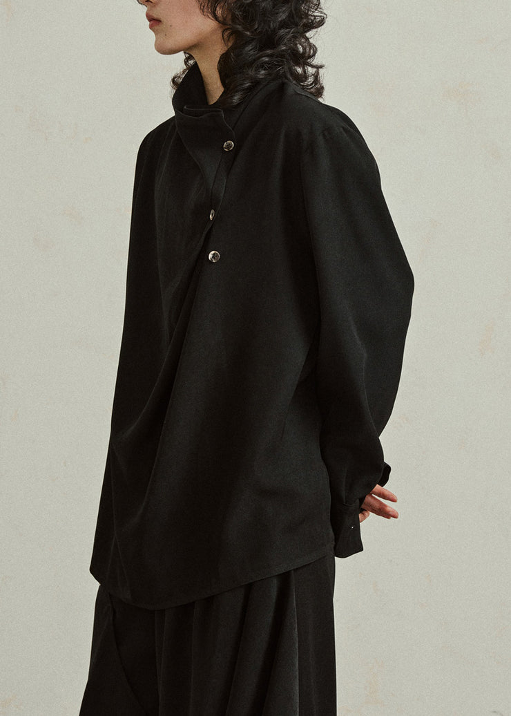 Black Stand Collar Patchwork Solid Tops Fall