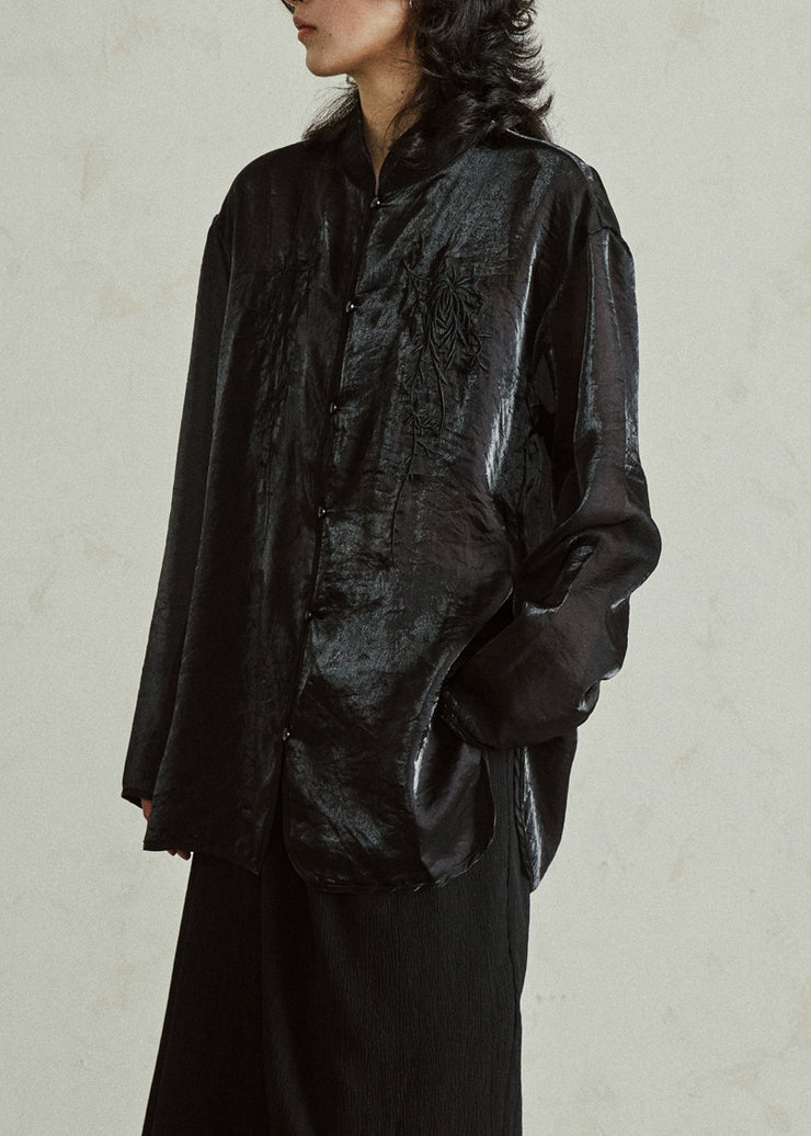 Black Stand Collar Sheer Organza Top Fall