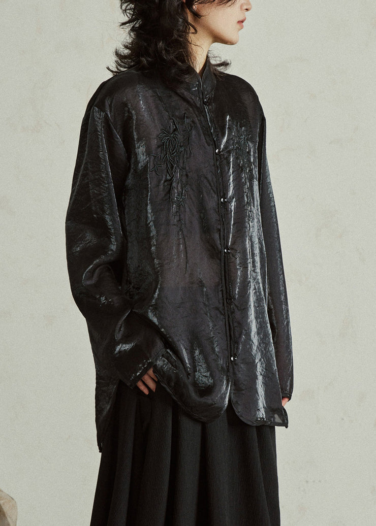 Black Stand Collar Sheer Organza Top Fall
