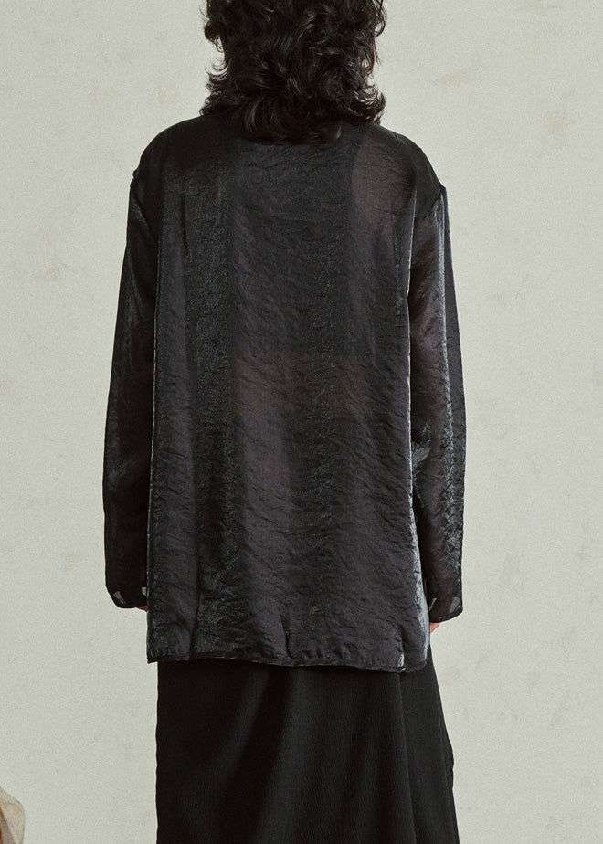 Black Stand Collar Sheer Organza Top Fall