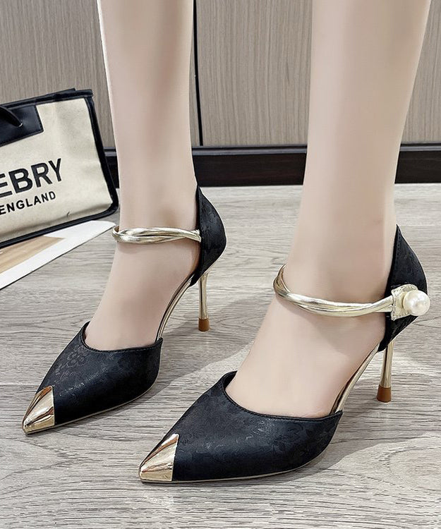 Black Stiletto Buckle Strap Fashion Splicing High Heels Pointed Toe