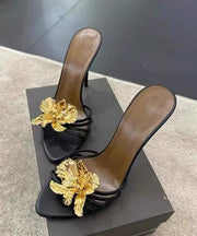 Black Stiletto Faux Leather Fashion Floral Splicing Slide Sandals