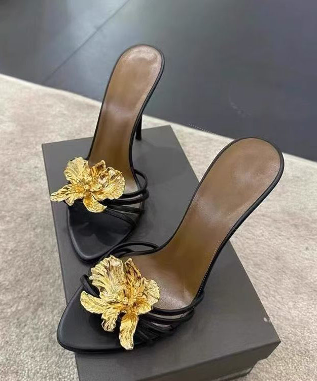 Black Stiletto Faux Leather Fashion Floral Splicing Slide Sandals