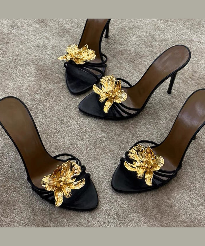 Black Stiletto Faux Leather Fashion Floral Splicing Slide Sandals