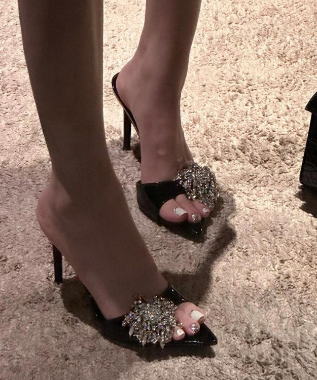 Black Stiletto Faux Leather Fashion Slide Sandals Zircon
