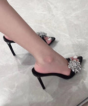 Black Stiletto Faux Leather Fashion Slide Sandals Zircon