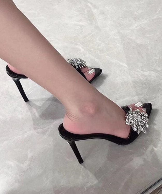 Black Stiletto Faux Leather Fashion Slide Sandals Zircon