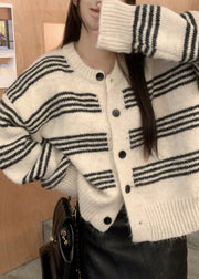 Black Striped Button Cotton Knit Cardigan Fall