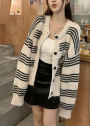 Black Striped Button Cotton Knit Cardigan Fall