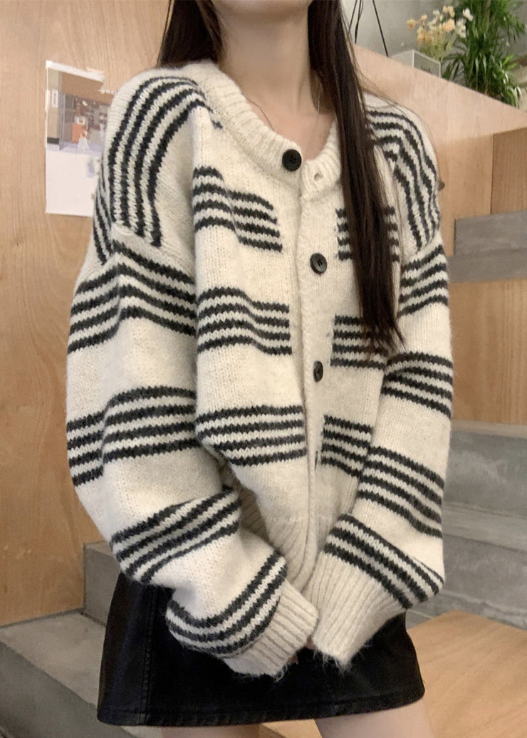 Black Striped Button Cotton Knit Cardigan Fall