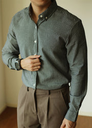 Black Striped Button Cotton Shirt Men Peter Pan Collar Fall
