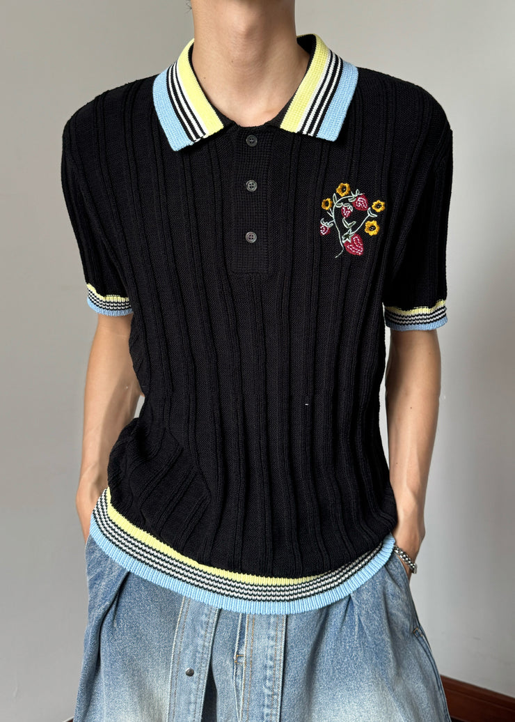 Black Striped Button Patchwork Knit Polo Shirts Men Peter Pan Collar