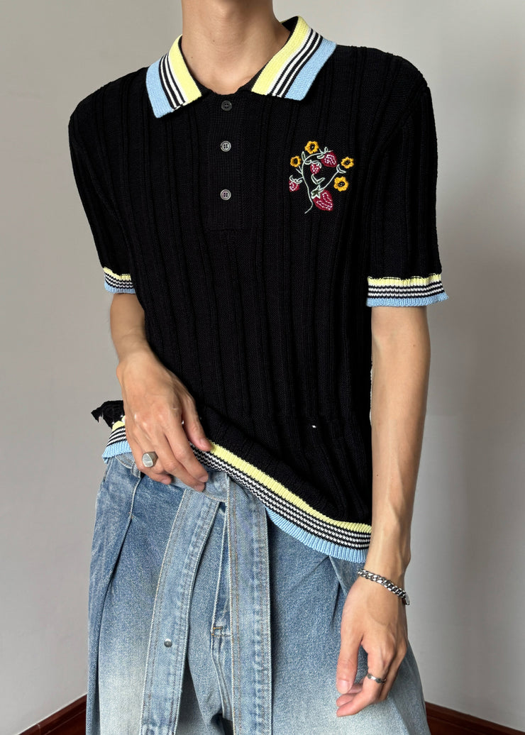 Black Striped Button Patchwork Knit Polo Shirts Men Peter Pan Collar