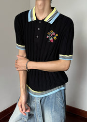 Black Striped Button Patchwork Knit Polo Shirts Men Peter Pan Collar