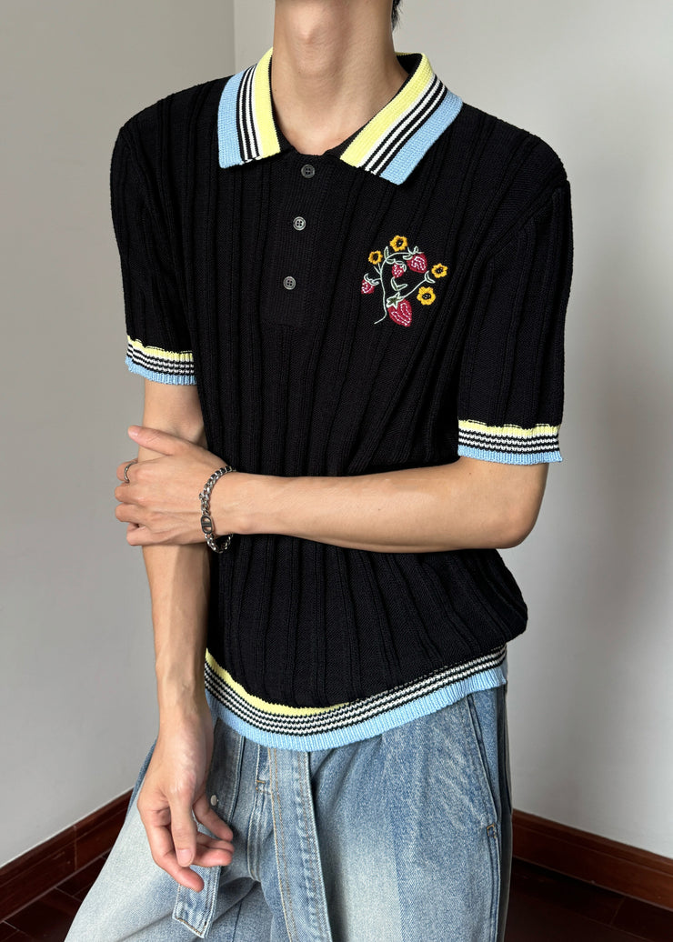 Black Striped Button Patchwork Knit Polo Shirts Men Peter Pan Collar