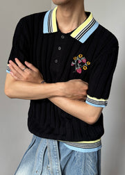 Black Striped Button Patchwork Knit Polo Shirts Men Peter Pan Collar