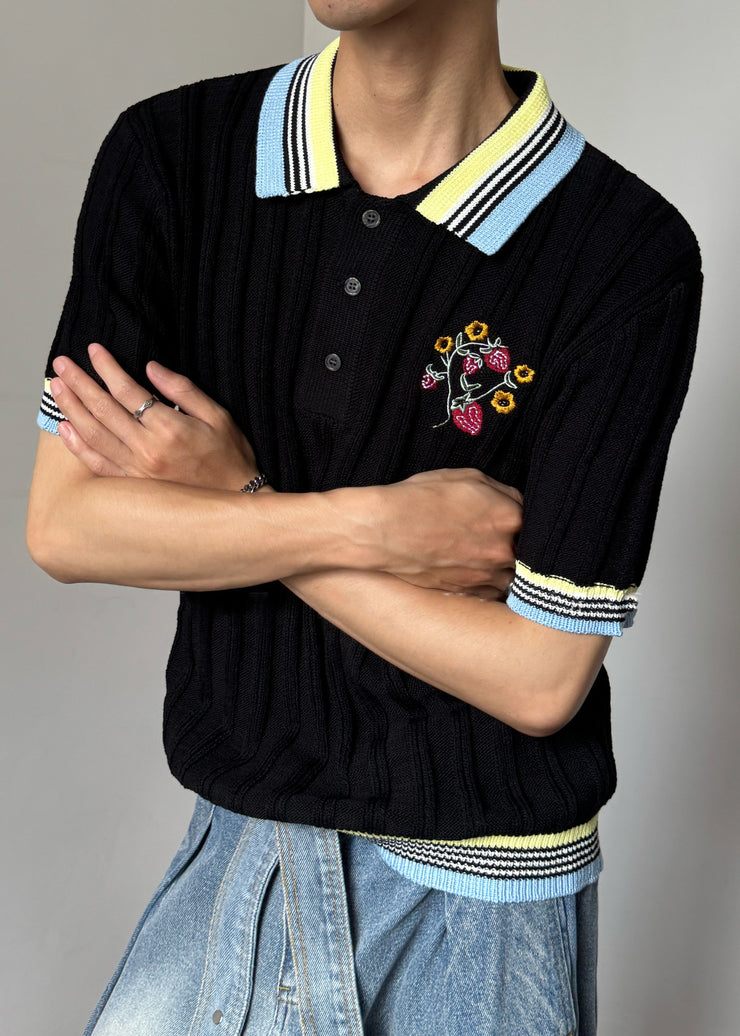 Black Striped Button Patchwork Knit Polo Shirts Men Peter Pan Collar