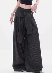 Black Striped Button Spandex Fall Pants High Waist