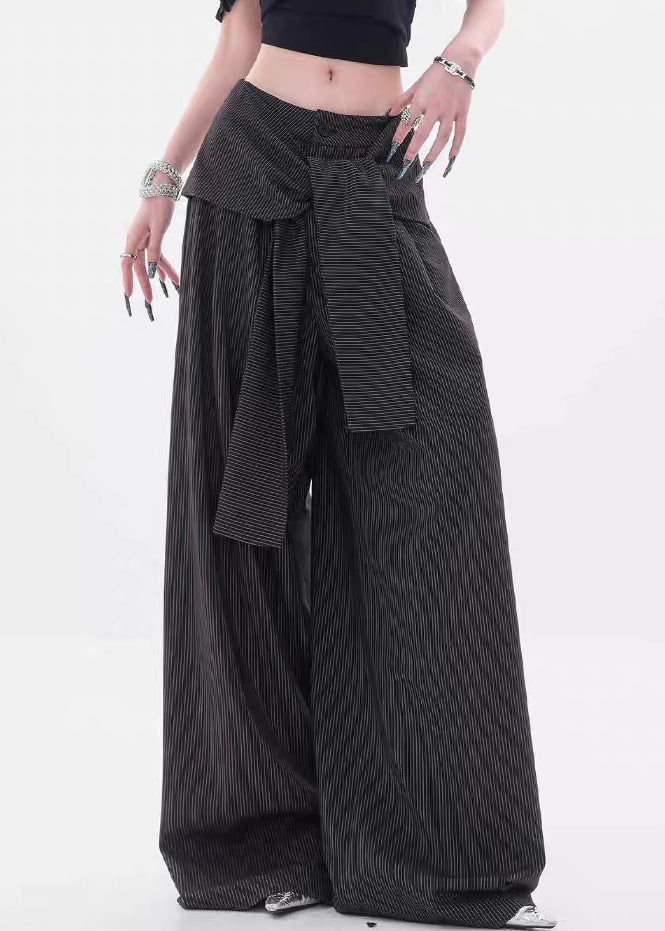 Black Striped Button Spandex Fall Pants High Waist