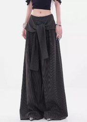 Black Striped Button Spandex Fall Pants High Waist
