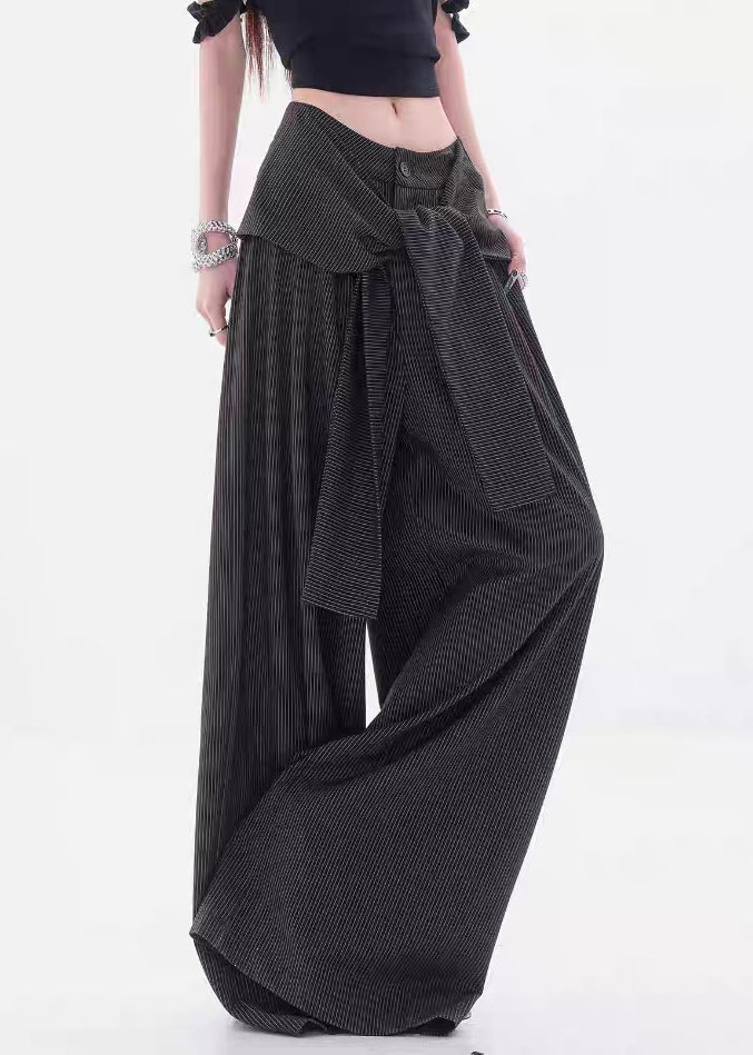 Black Striped Button Spandex Fall Pants High Waist