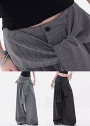 Black Striped Button Spandex Fall Pants High Waist