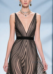 Black Striped Chiffon Dinner Dresses V Neck Exra Large Hem Summer