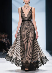Black Striped Chiffon Dinner Dresses V Neck Exra Large Hem Summer
