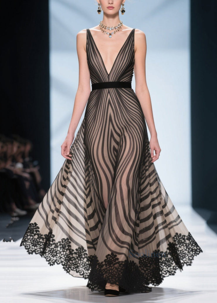 Black Striped Chiffon Dinner Dresses V Neck Exra Large Hem Summer