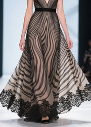 Black Striped Chiffon Dinner Dresses V Neck Exra Large Hem Summer