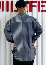 Black Striped Cotton Shirt Top Drawstring Spring