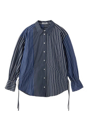 Black Striped Cotton Shirt Top Drawstring Spring